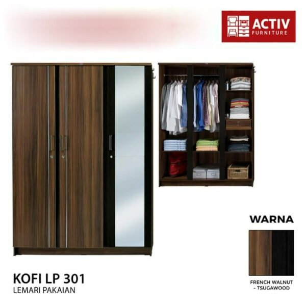 TERMURAH ACTIV FURNITURE KOFI LP 301 LEMARI PAKAIAN 3 PINTU KACA - Image 3