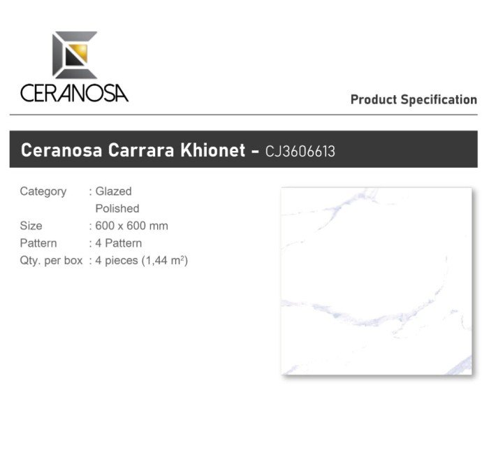 TERMURAH CERANOSA GRANIT 60X60 CRCJ3606613FH CARRARA KHIONET MARBLE - Image 2