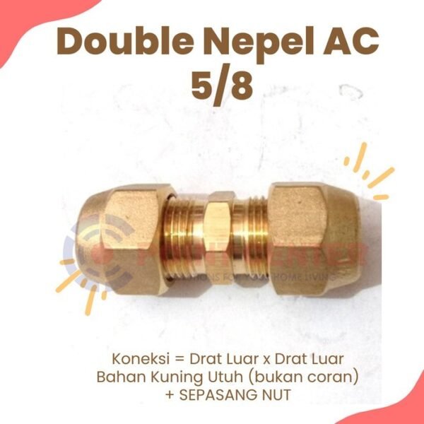 TERMURAH DOUBLE NEPEL AC SET + NUT 5/8 SAMBUNGAN PIPA AC KUNINGAN - Image 2