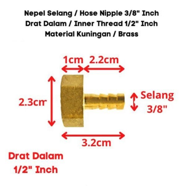 TERMURAH NIPPLE NEPEL SELANG 1/2" X 3/8 INCH DRAT DALAM KUNINGAN BRASS
