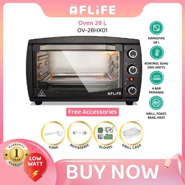 TERMURAH FLIFE OVEN LISTRIK OV-28HX01 KAPASITAS 28L 4 ELEMEN PEMANAS