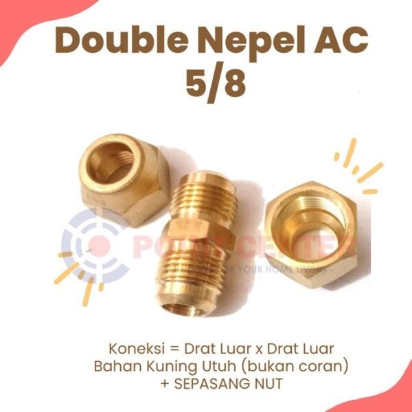 TERMURAH DOUBLE NEPEL AC SET + NUT 5/8 SAMBUNGAN PIPA AC KUNINGAN