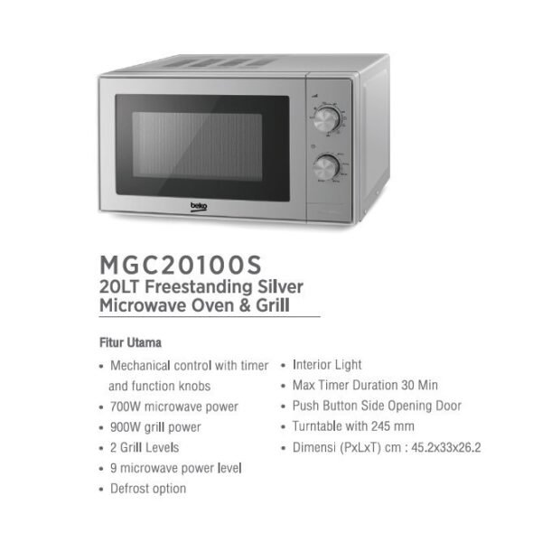 TERMURAH BEKO MGC20100S MICROWAVE GRILL FREESTANDING SILVER 20L - Image 2