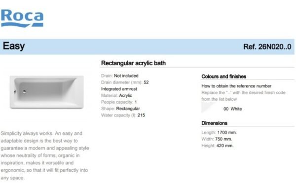 TERMURAH ROCA PAKET EASY BATHUB PUTIH ACRYLIC BATH - Image 2