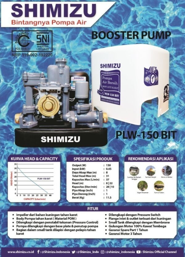 TERMURAH SHIMIZU MESIN POMPA AIR PENDORONG BOOSTER PUMP PLW-150 BIT - Image 2