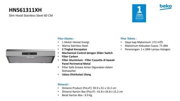 TERMURAH BEKO HNS61311XH PENGHISAP ASAP DAPUR SLIM HOOD - Image 2