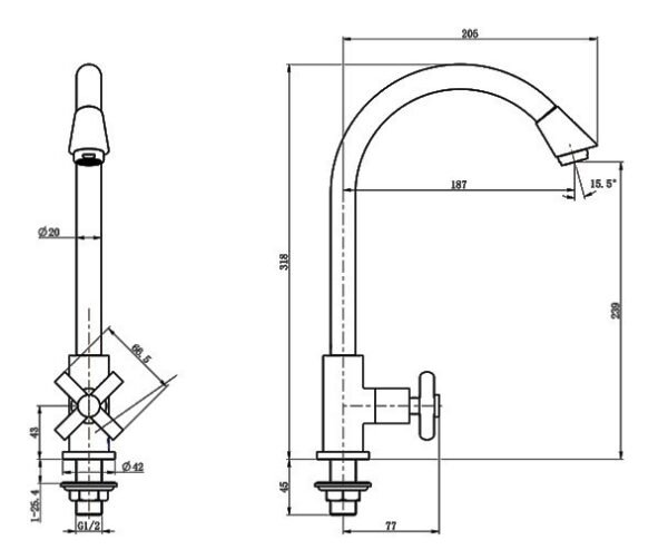 TERMURAH WASSER TC2140 Kran SHOWER CROSS HANDLE SWING SPOUT SINK TAP - Image 2