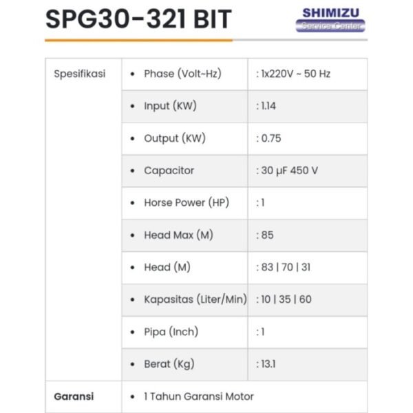 TERMURAH SHIMIZU POMPA CELUP SUBMERSIBLE SATELIT 1HP SPG30-321 BIT - Image 2