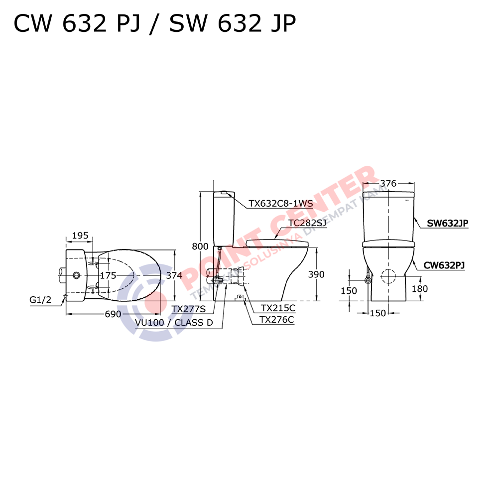 TOTO CW632PJ/SW632JP (P-Trap) Close Coupled Toilet - Image 2