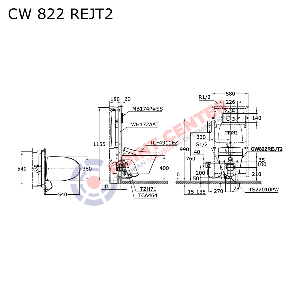 TOTO CW822REJT2/WH172AAT Wall Hung Toilet with Washlet (Avante Series) - Image 2