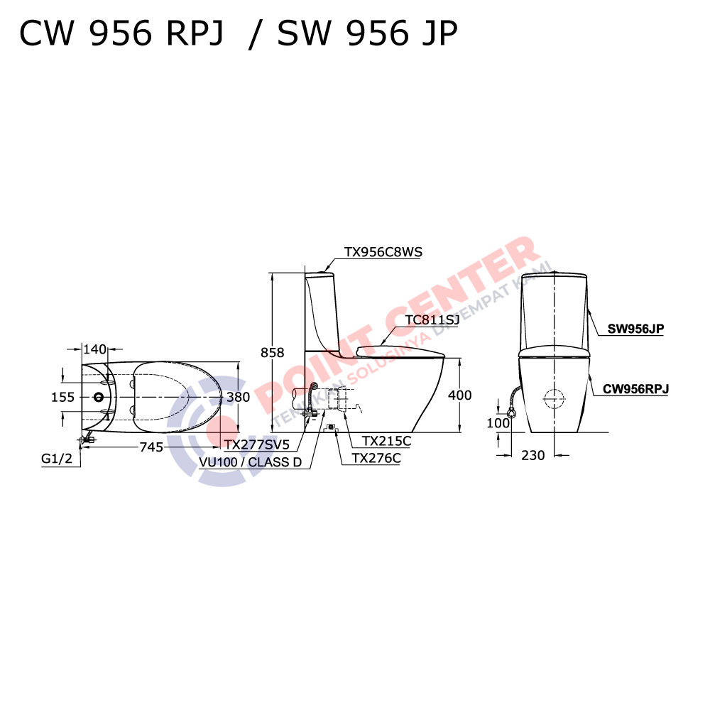TOTO CW956RPJ/SW956JP (P-Trap) Wall Face Toilet (Tera Series) - Image 2