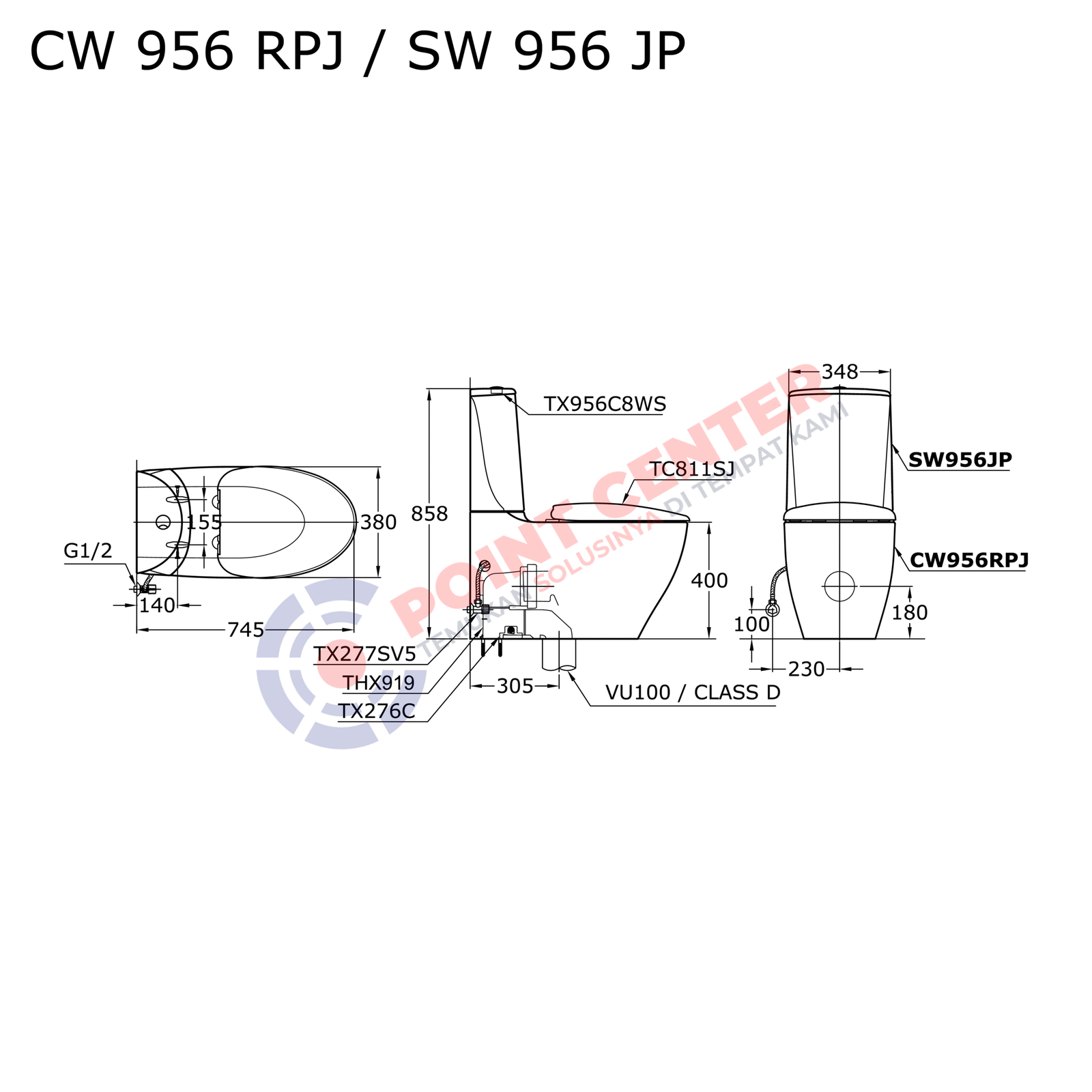 TOTO CW956RPJ/SW956JP (S-Trap) Wall Face Toilet (Tera Series) - Image 2