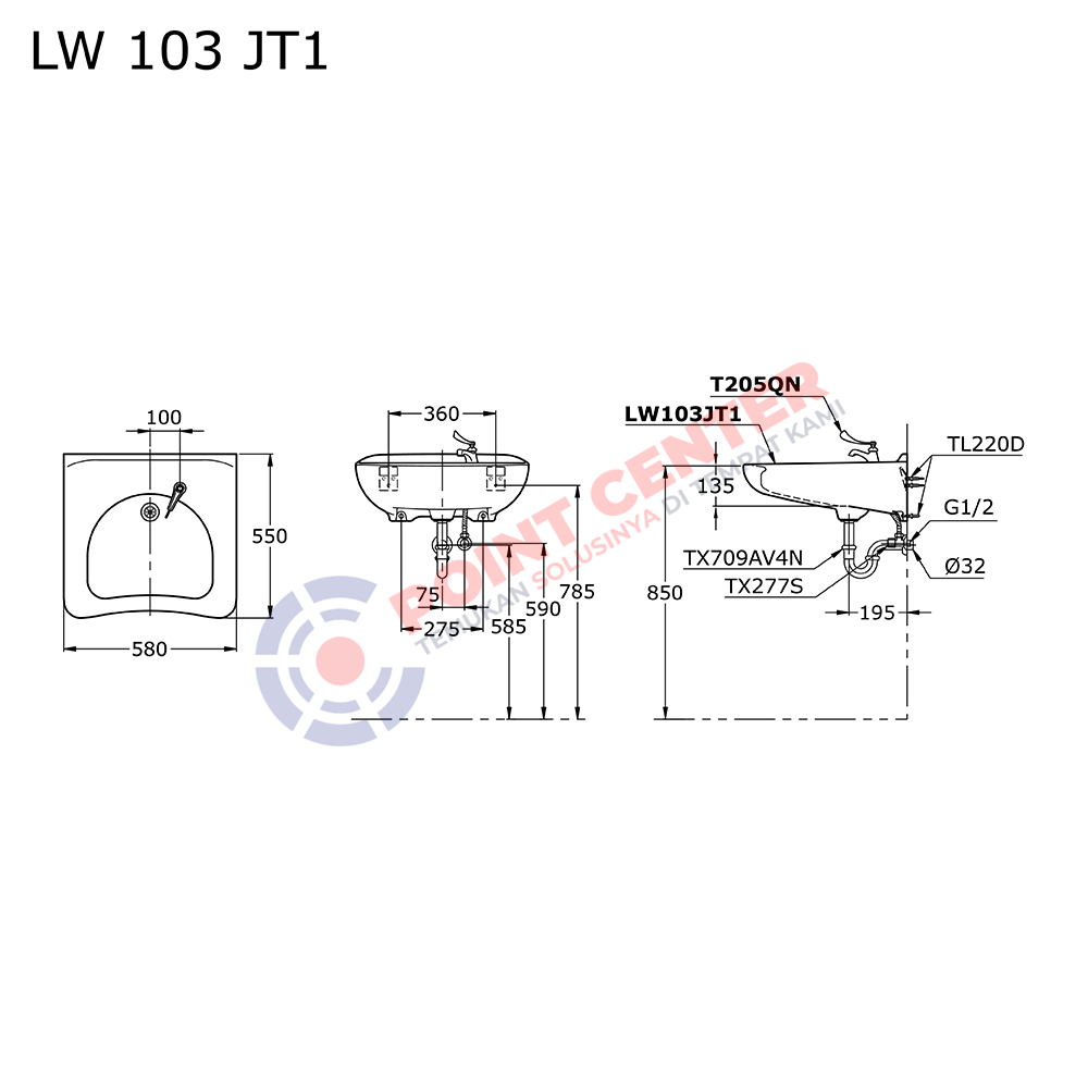 TOTO LW103JT1 Wall Hung Lavatory 1 Tap Hole - Image 2