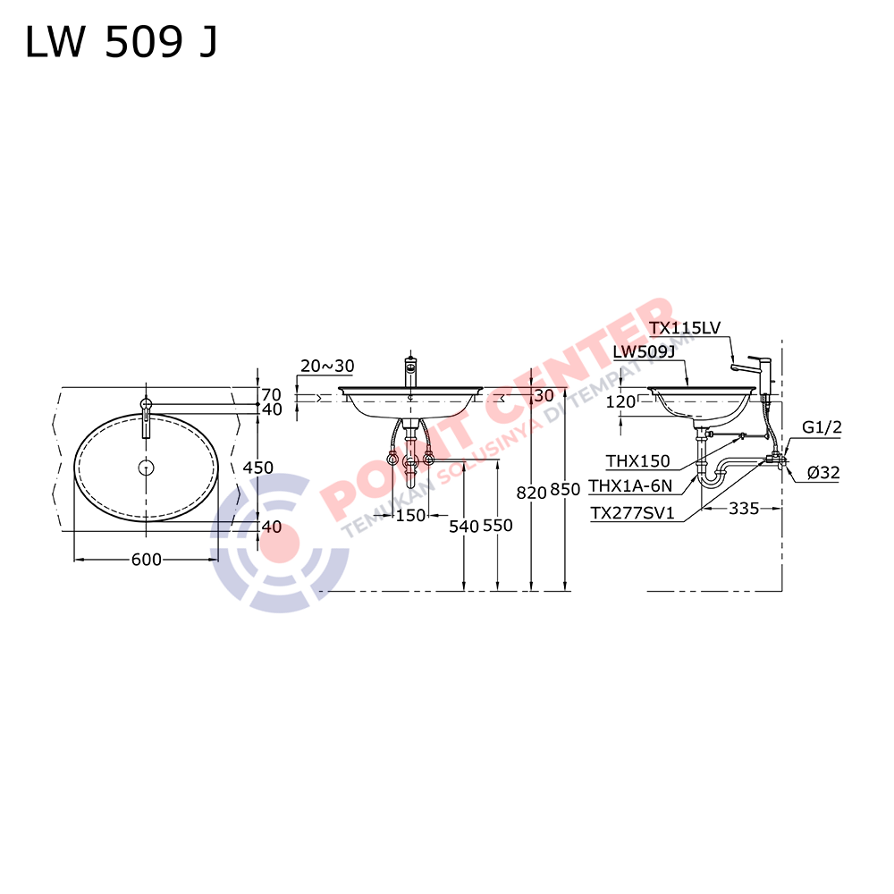 TOTO LW509J Self Rimming Lavatory 1 Tap Hole - Image 2