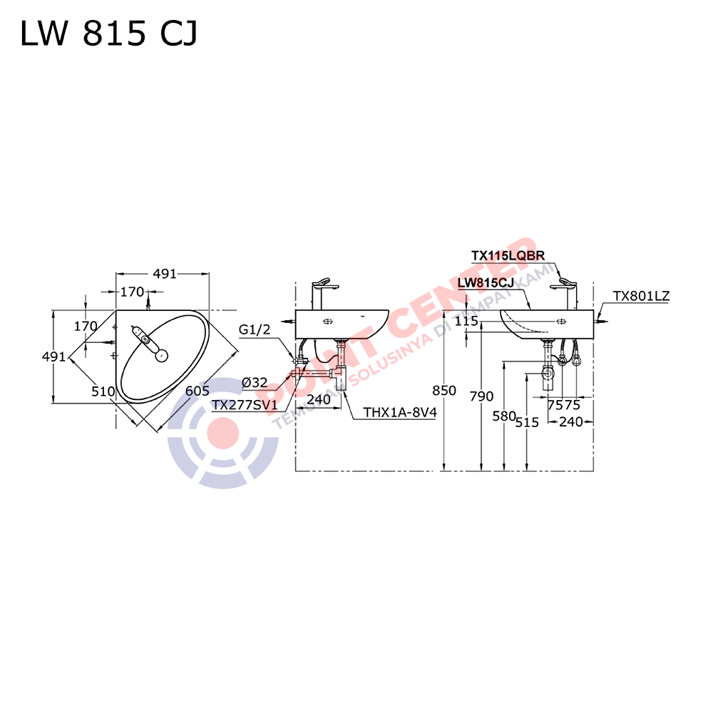 TOTO LW815CJ Wall Hung Corner Lavatory 1 Tap Hole (Le Muse Series) - Image 2