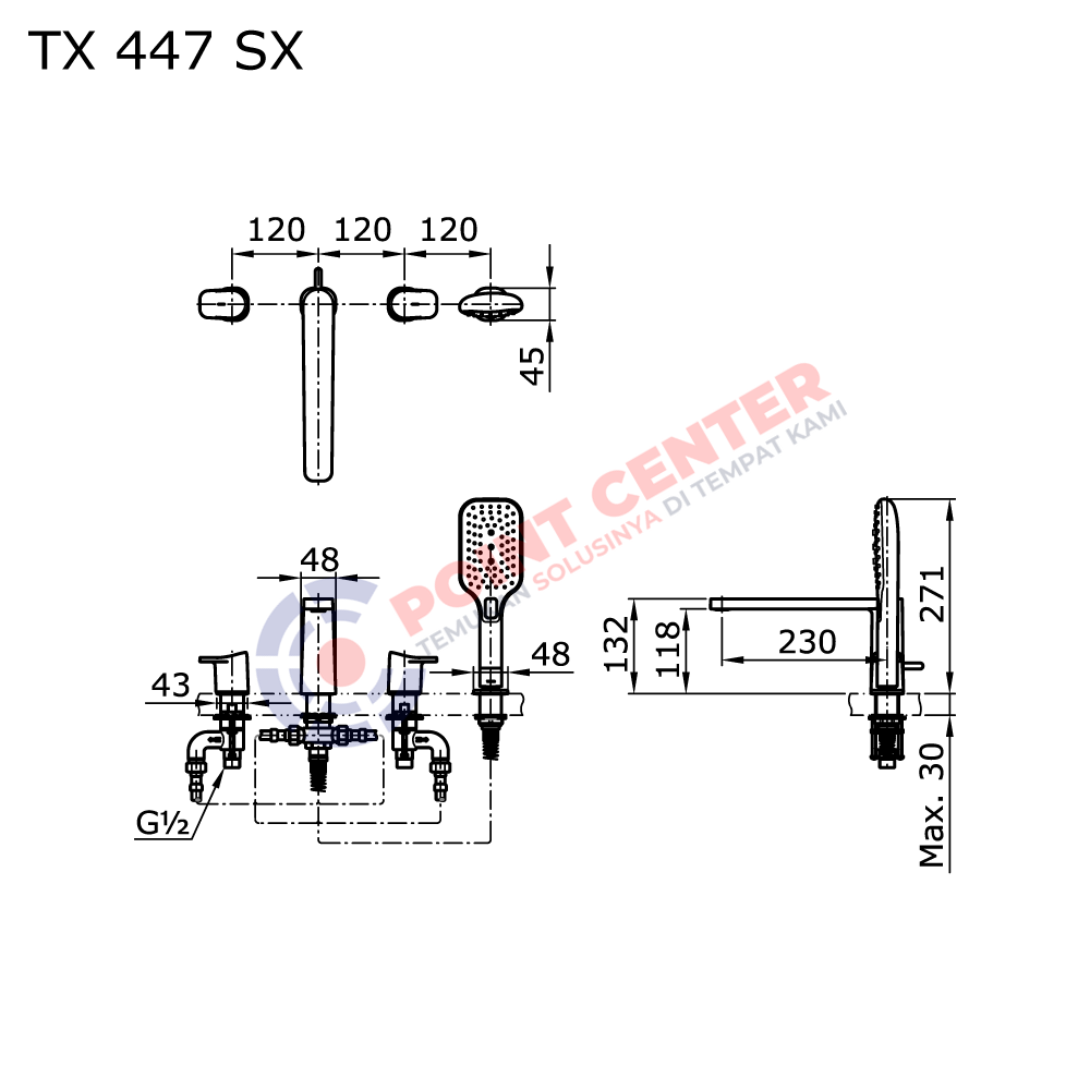 TOTO TX447SX 4 Holes Bath & Shower Set (Alisei Series) - Image 2