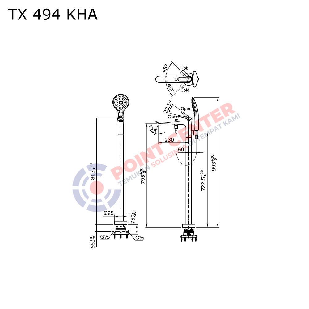 TOTO TX494KHA Floor Standing Single Lever Bath & Shower Set (Tera Series) - Image 2